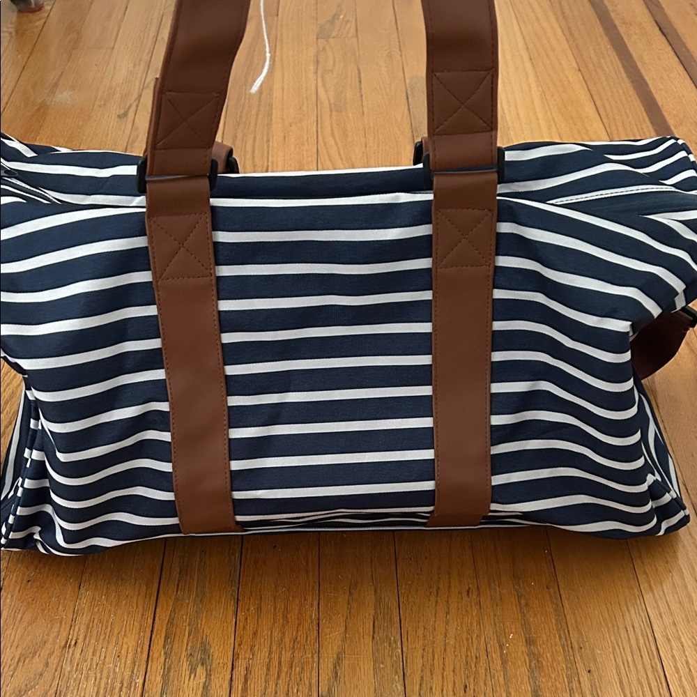 Navy Striped Women's overnight/Duffel Bag with Brown Accents
